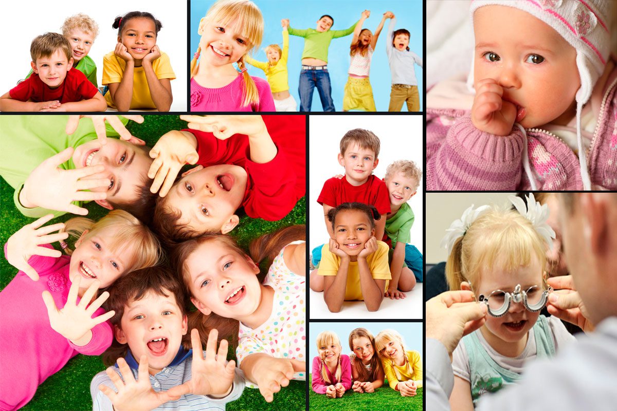 Colorful collage of playful kids and infant