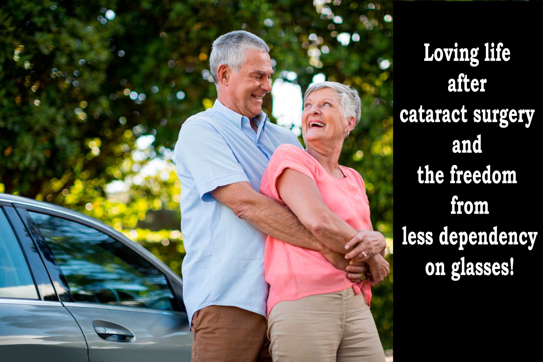 Happy elderly couple who do not need glasses after cataract eye surgery