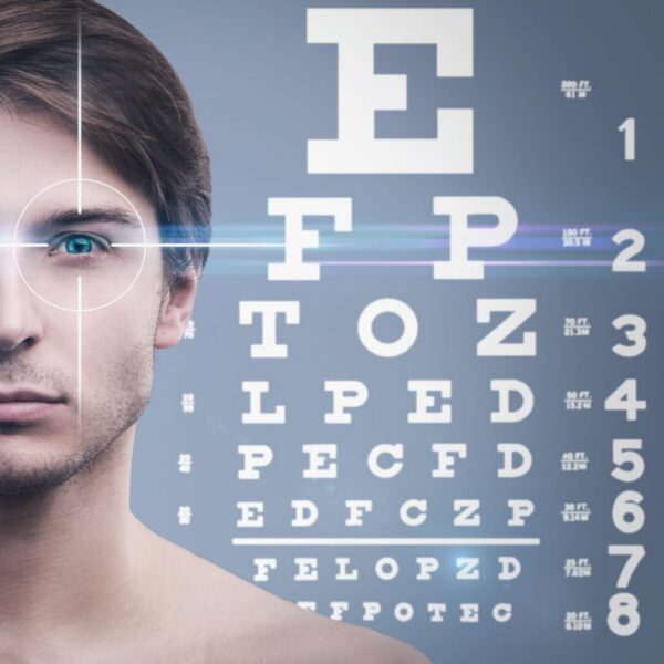 Digital targeting overlay on man's eye