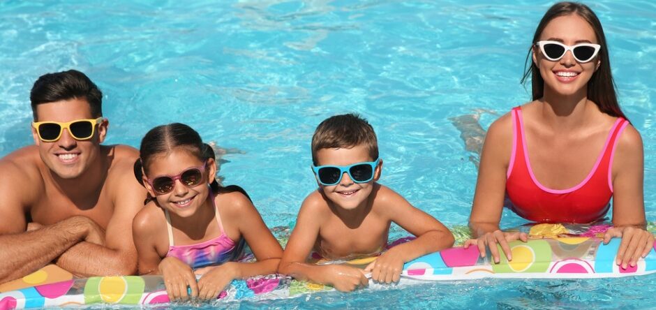 Family floating and swimming in pool. They are all wearing sunglasses. This is preventing harmful exposure to UV rays which causes sunburn eyes. Wear protection over your eyes is strongly suggested by Aaron J. Affleck, M.D., a comprehensive ophthalmologist at Affleck, M.D. Eye Care – Surgical and Medical Ophthalmology Clinic in Idaho Falls, ID.