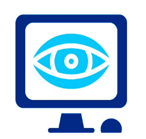 Blue eye icon on desktop monitor with mouse